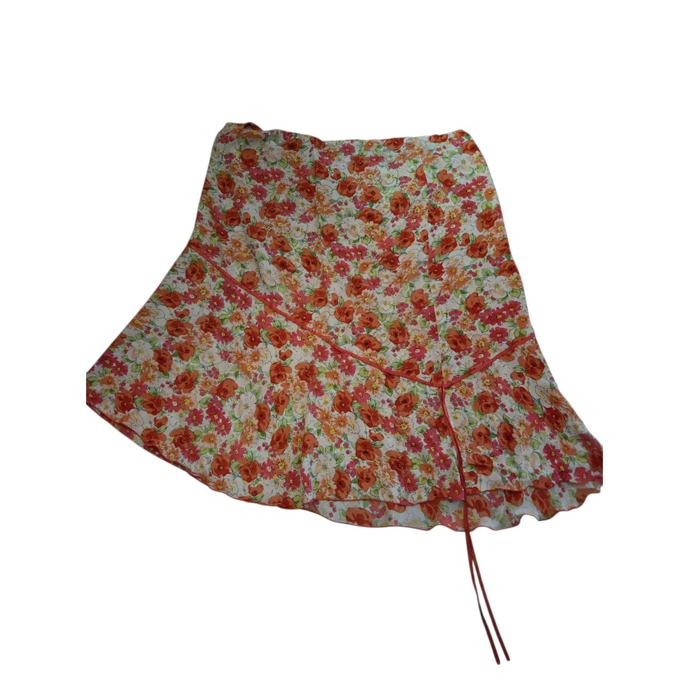 Vintage 90s Coldwater Creek 1X Floral Print Rayon Skirt‎ Orange Pink Summer